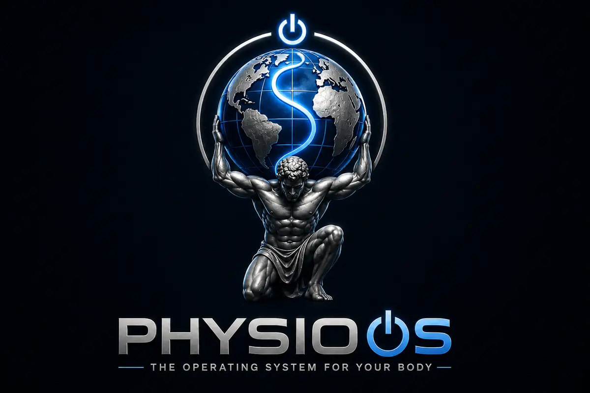 PhysioOS Atlas supporting a blue globe above the PhysioOS wordmark and the tagline The Operating System for Your Body